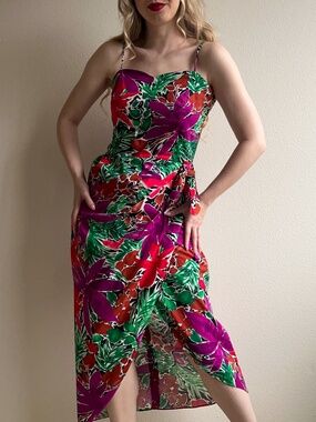 Gorgeous Vintage 1980s Purple and Green Print Summer Dress (L)